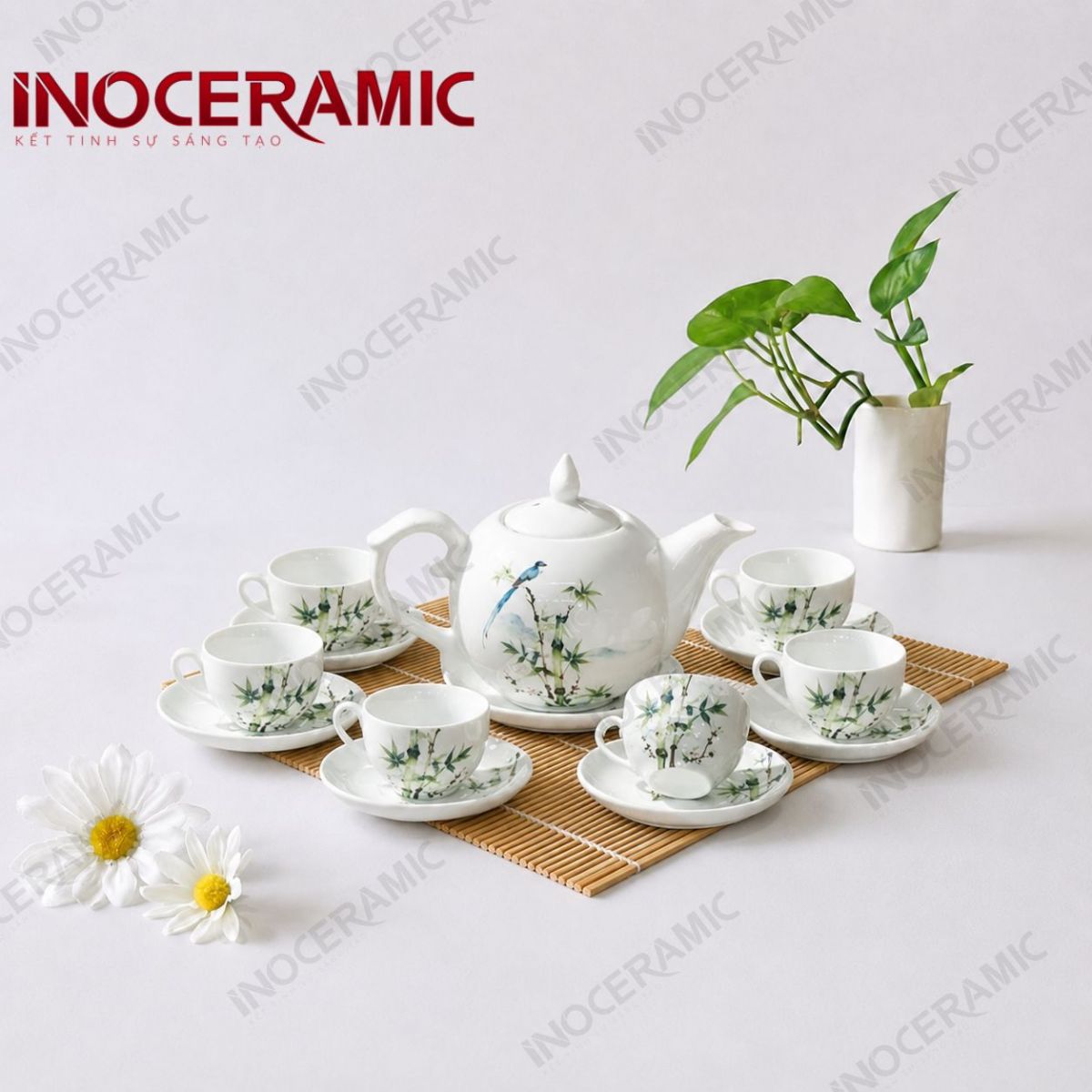 Bộ ấm chén nắp ngọn lửa Thanh Trúc Lam Điểu