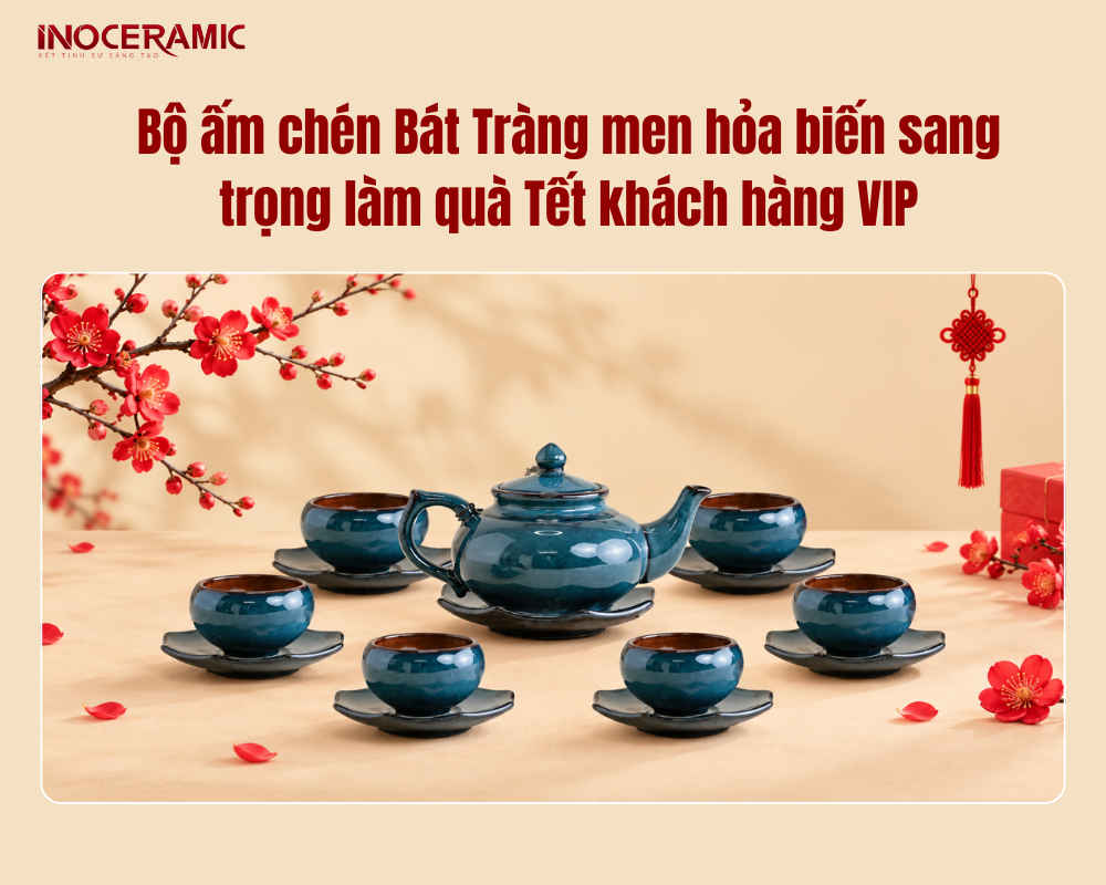 Bộ ấm chén Bát Tràng men hỏa biến sang trọng làm quà Tết khách hàng VIP