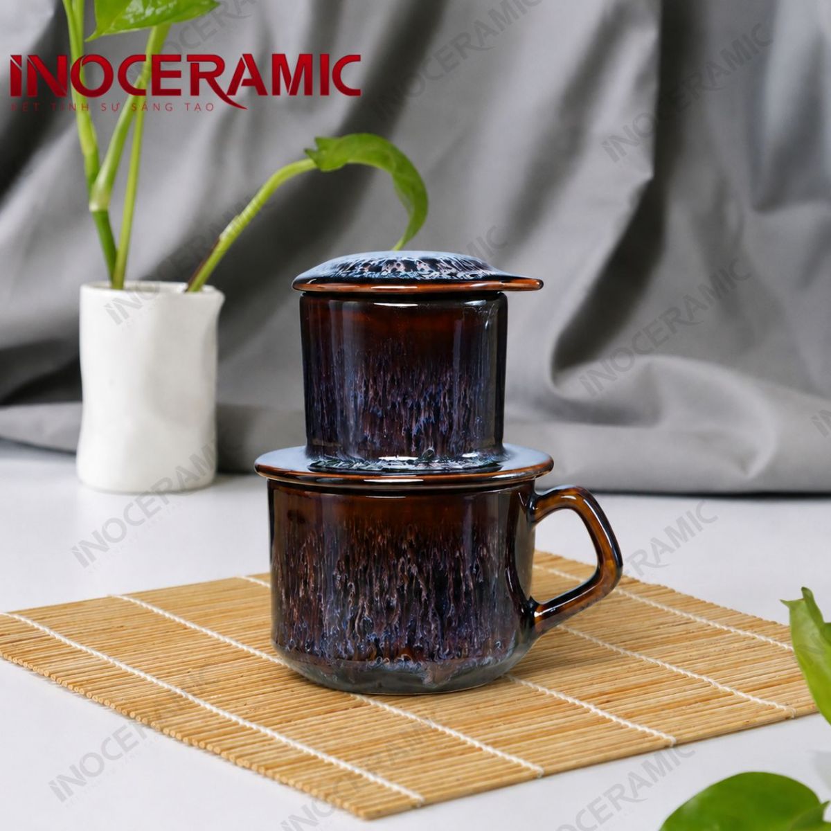 Bộ phin cà phê quai vuông - Huyền Sa men hoả biến