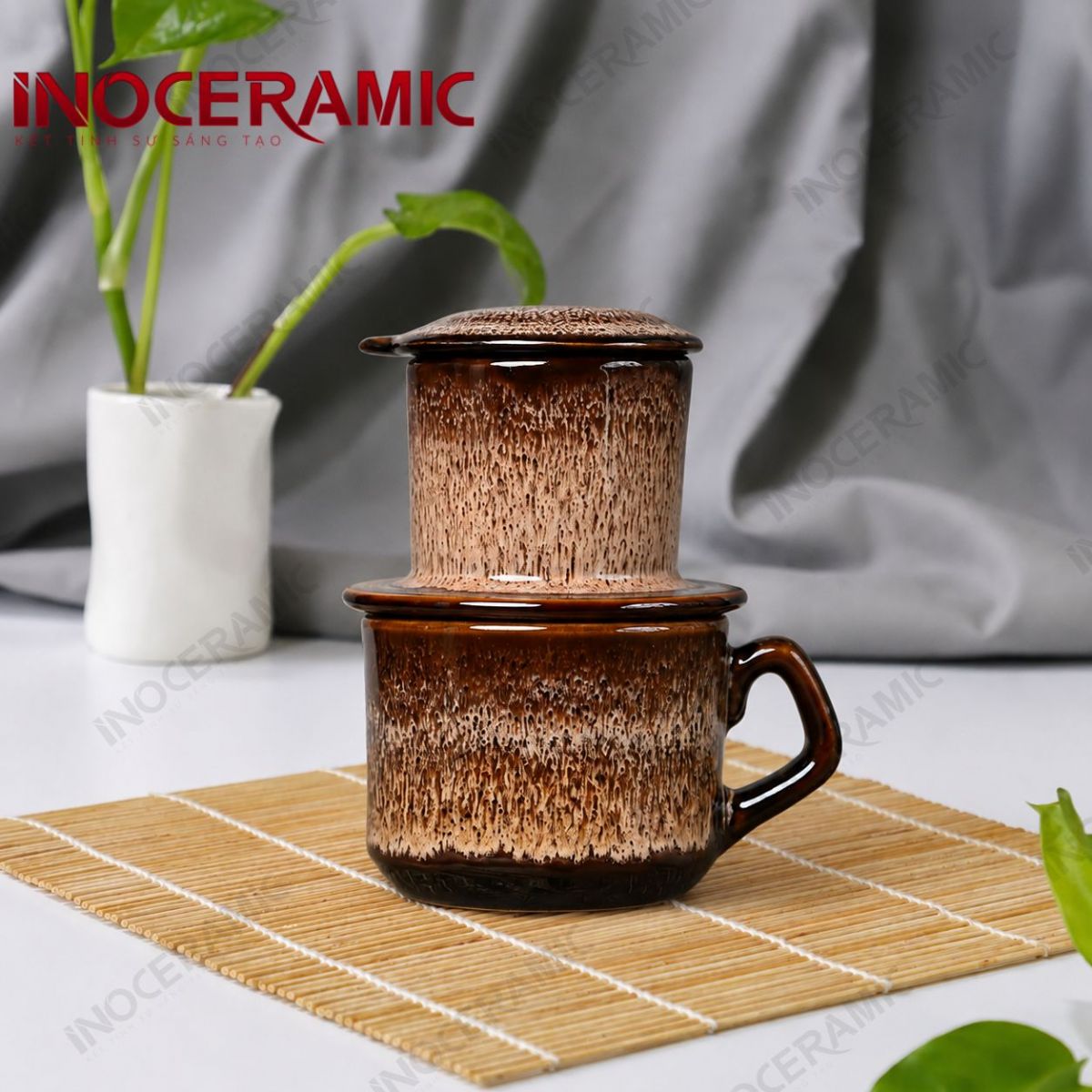Bộ phin cà phê quai vuông - Mộc Nâu men hoả biến