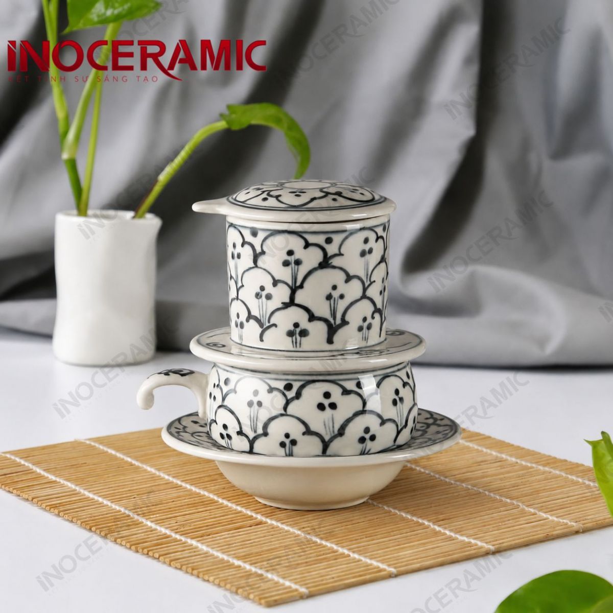 Bộ phin cà phê sứ thấp - Bèo hoa dâu vẽ tay