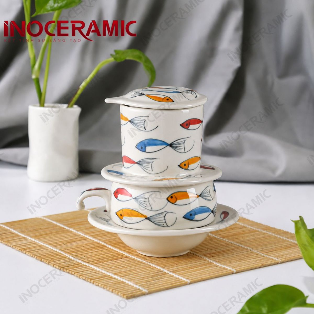 Bộ phin cà phê sứ thấp - Cá Guppy vẽ tay