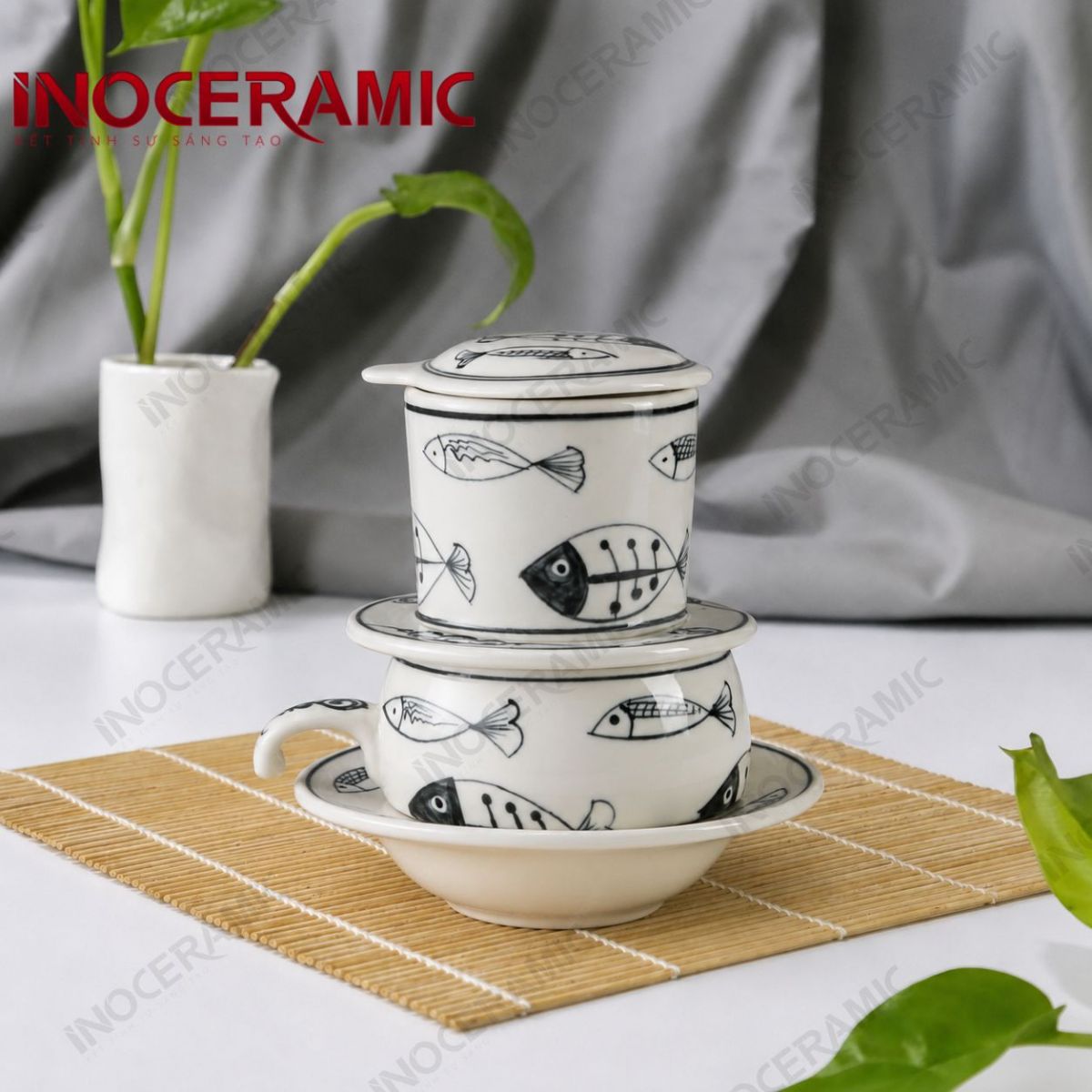 Bộ phin cà phê sứ thấp - Cá thuỷ tinh đen