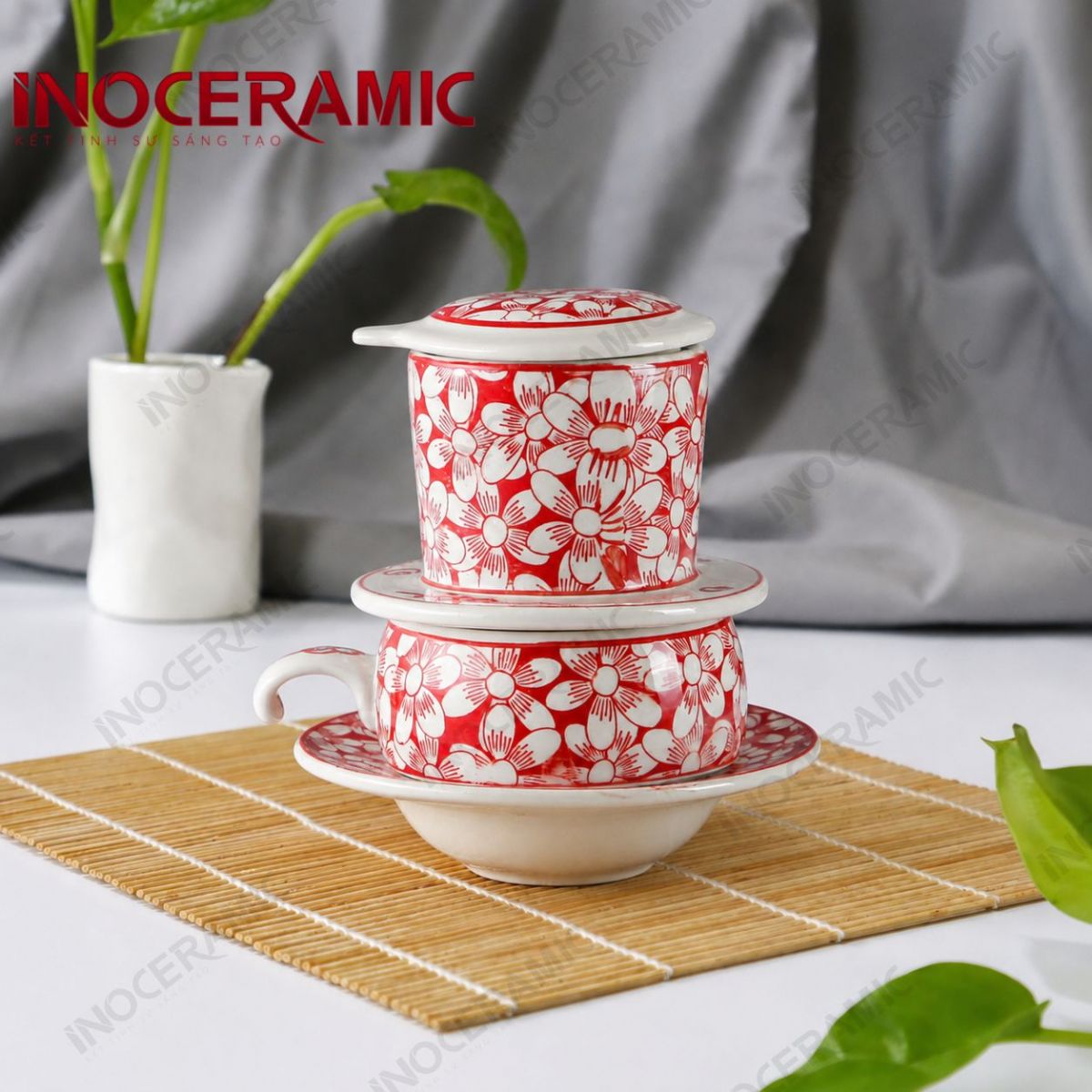 Bộ phin cà phê sứ thấp - Cúc hoạ mi vẽ tay