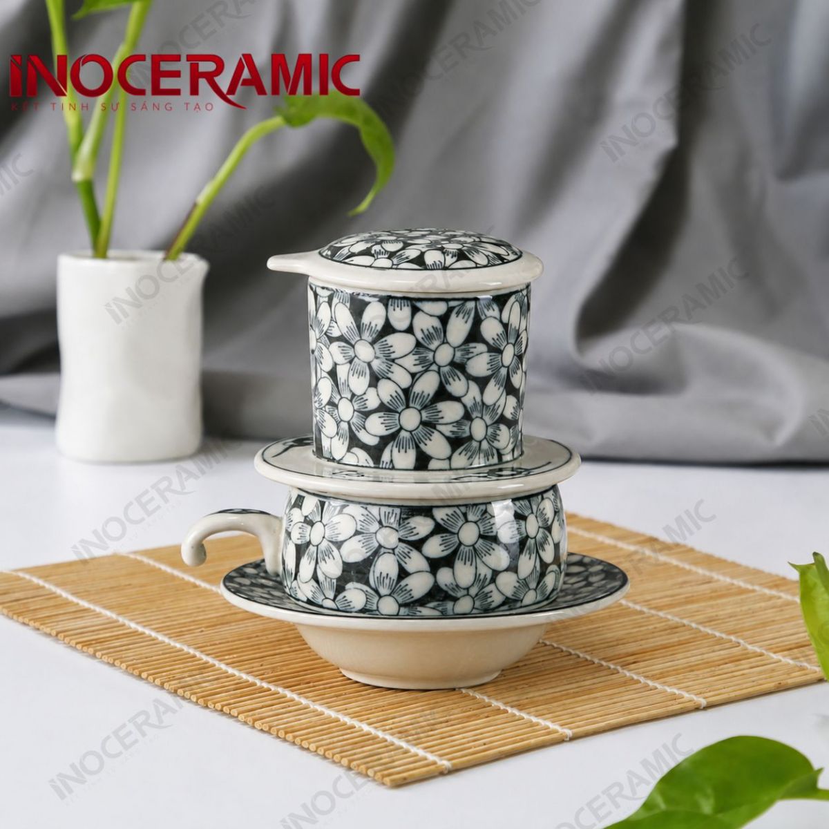 Bộ phin cà phê sứ thấp - Cúc hoạ mi vẽ tay - anh chi tiet 2