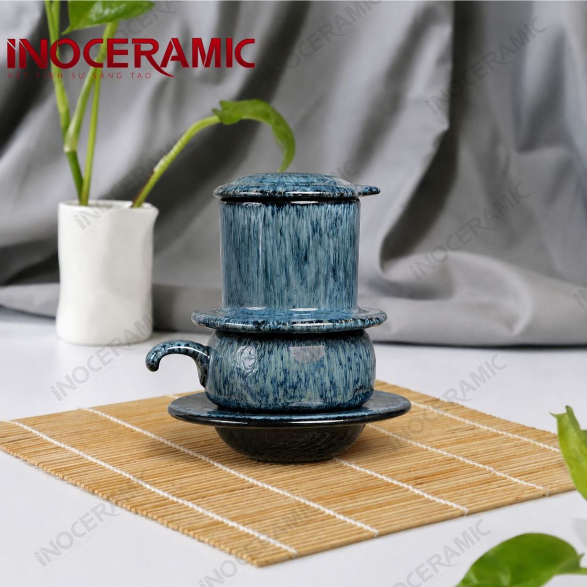 Bộ phin cà phê sứ thấp - Lam Huyền men hoả biến
