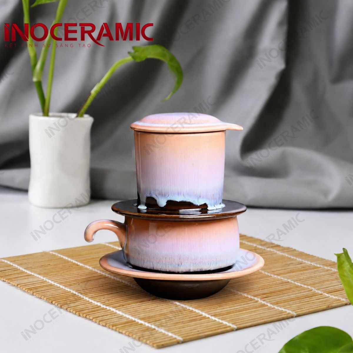 Bộ phin cà phê sứ thấp - Phấn Ngọc men hoả biến