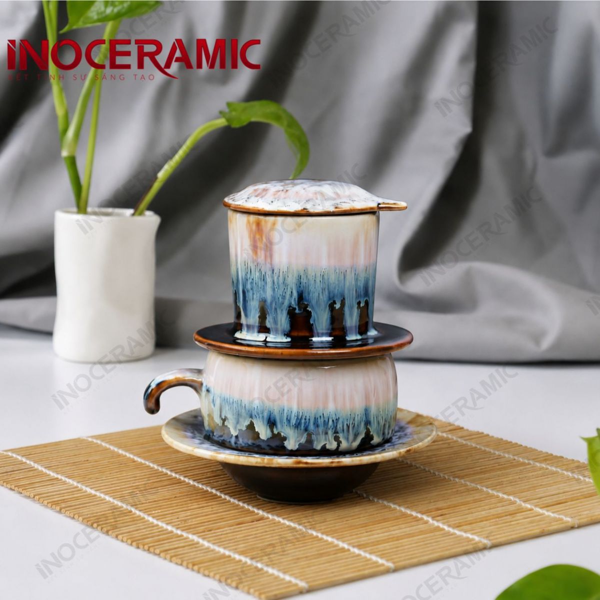 Bộ phin cà phê sứ thấp - Sương Lam men hoả biến