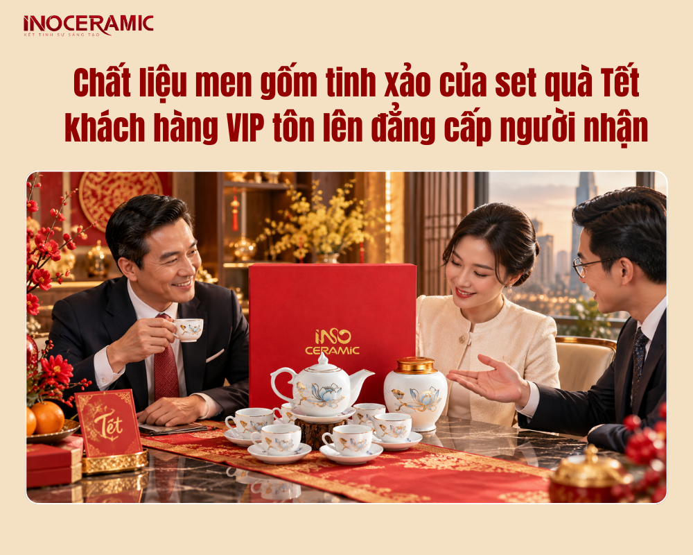 Chất liệu men gốm tinh xảo của set quà Tết khách hàng VIP tôn lên đẳng cấp người nhận