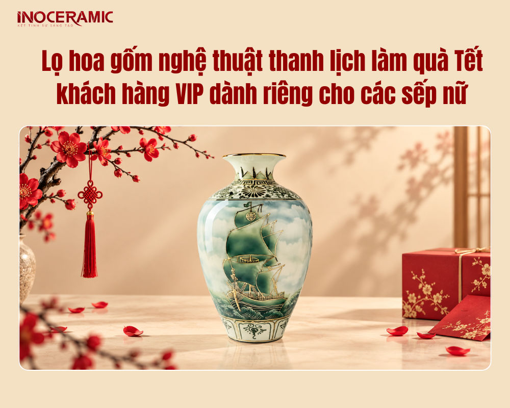 Lọ hoa gốm nghệ thuật thanh lịch làm quà Tết khách hàng VIP dành riêng cho các sếp nữ