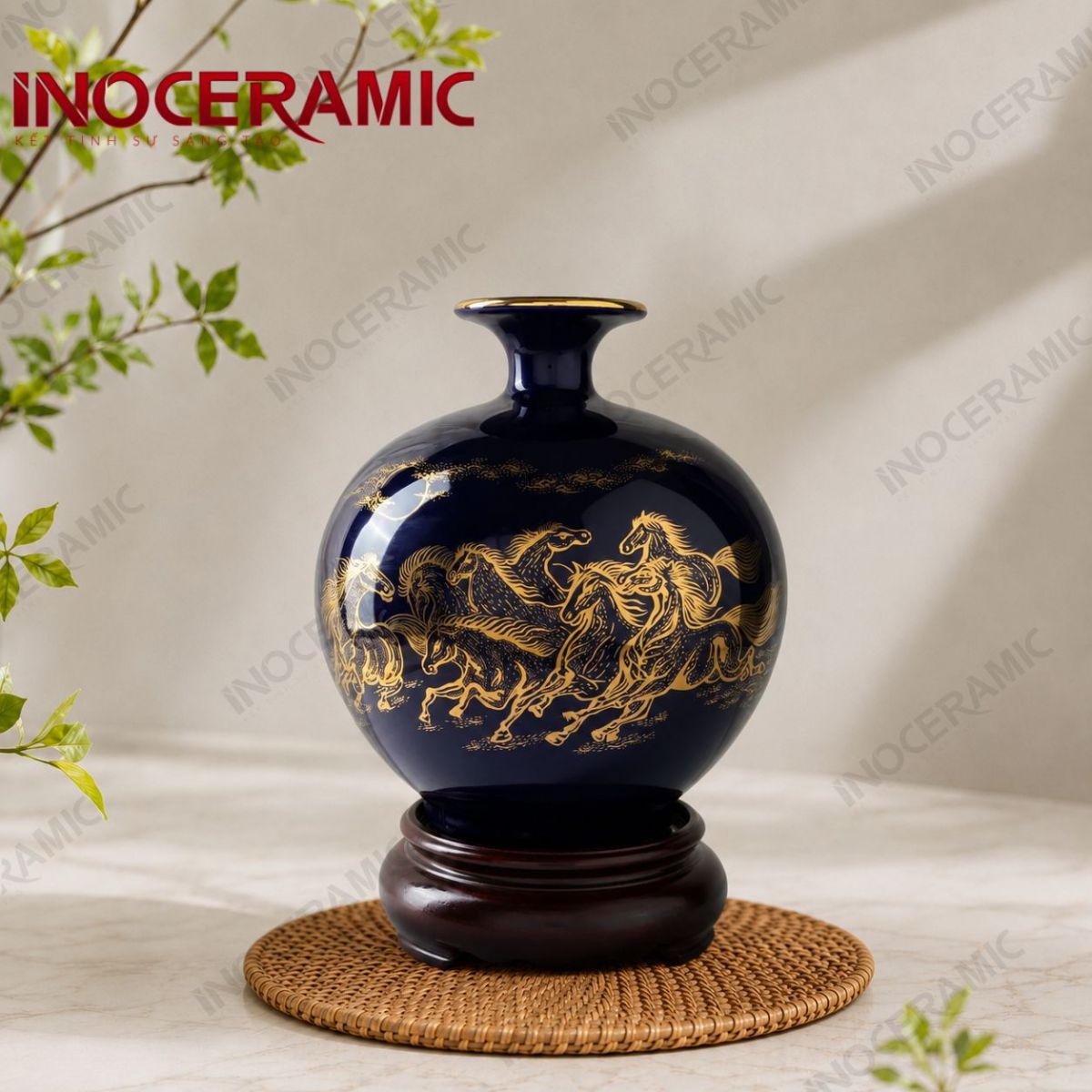 Bình Hút Lộc men lam Mã Đáo Vinh Hoa