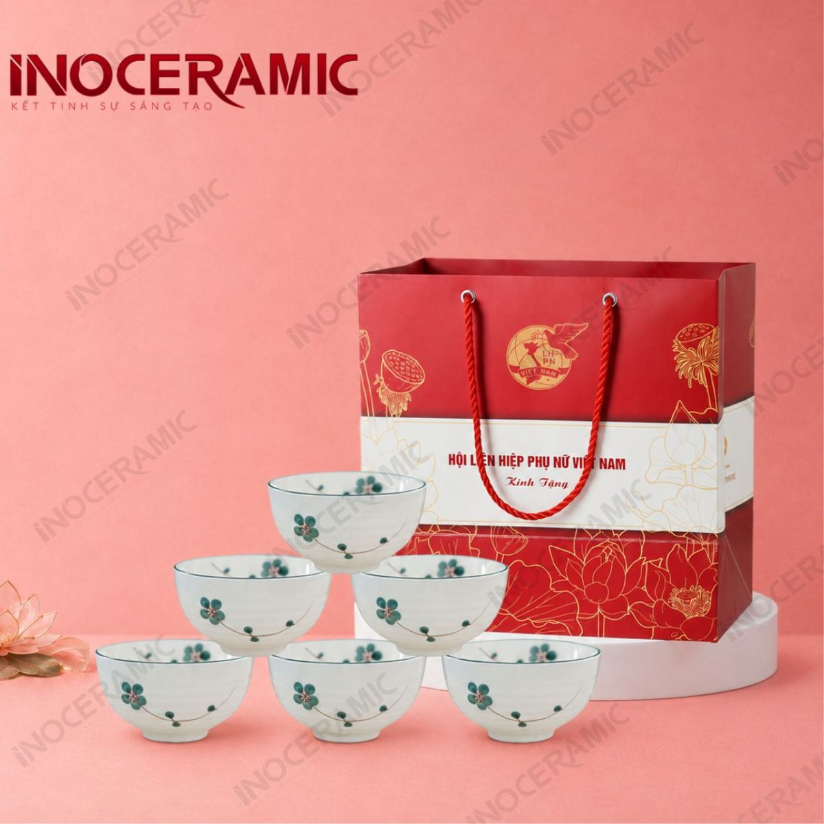 Bộ 06 chén cơm men kem mai xanh in logo - Quà tặng phụ nữ