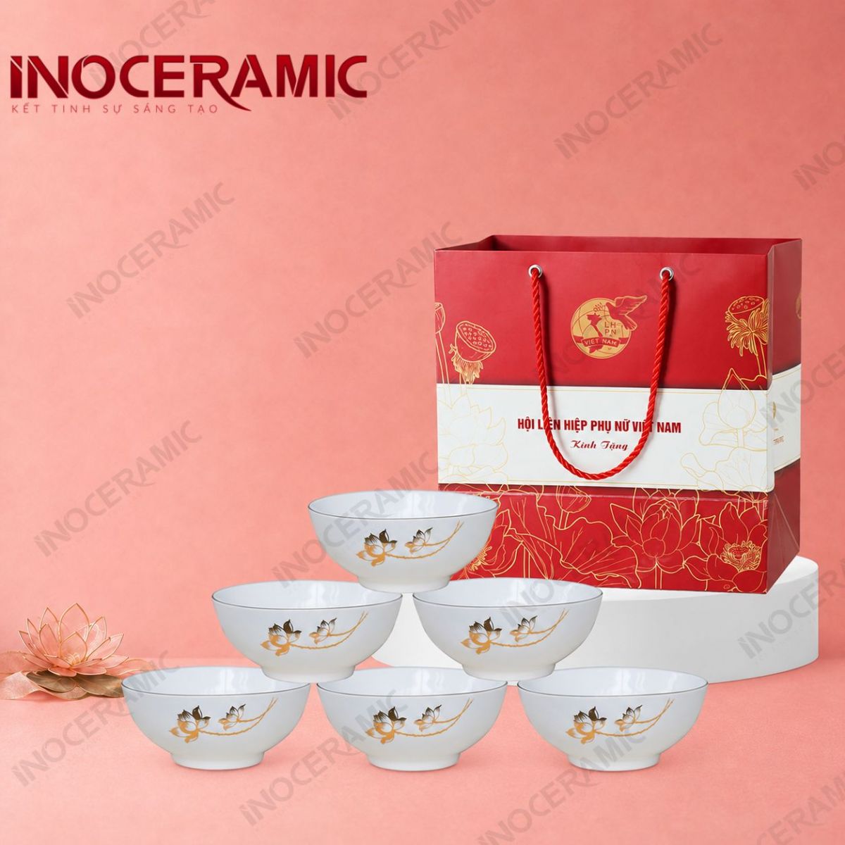 Bộ 06 chén cơm sen vàng kẻ chỉ vàng in logo - Quà tặng phụ nữ