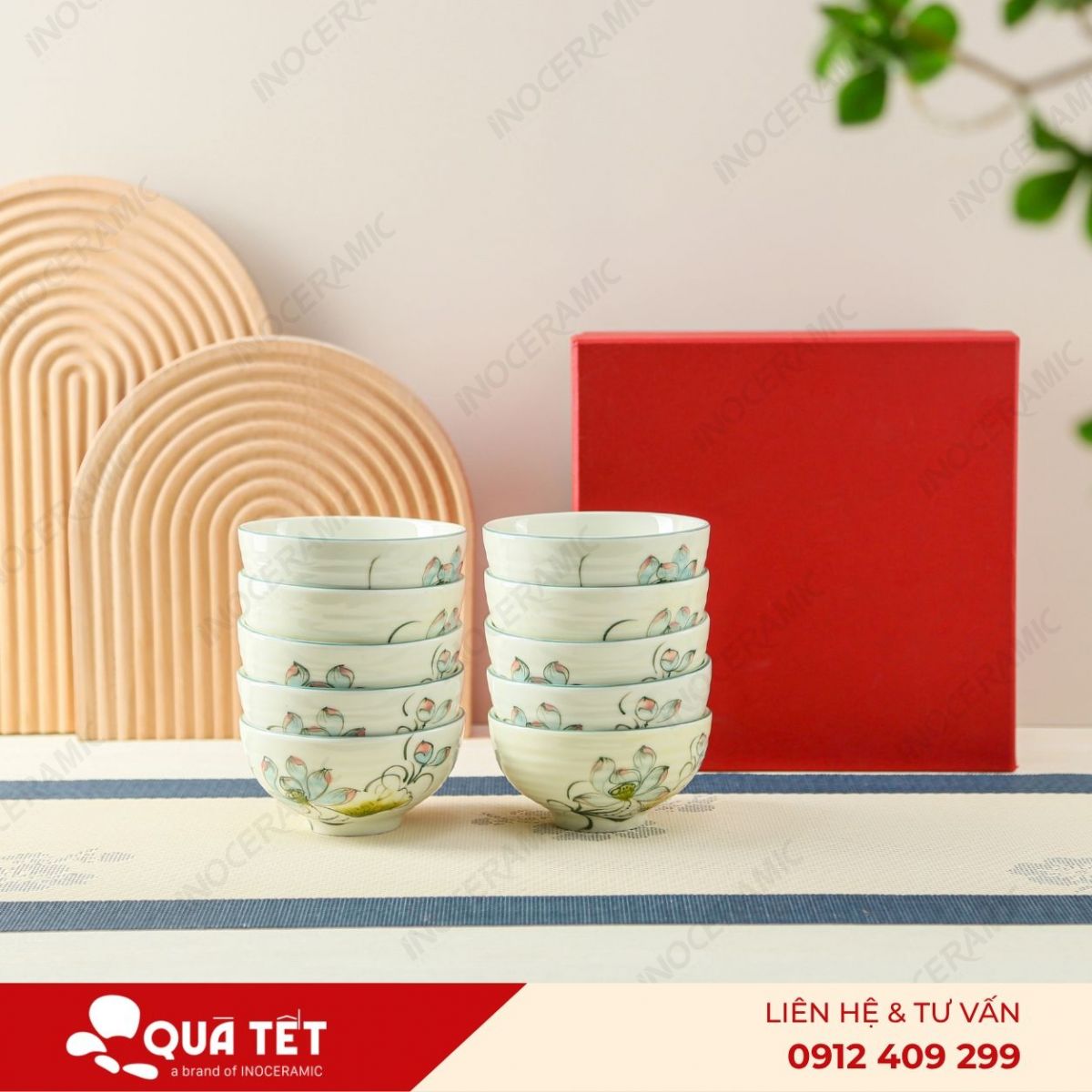Bộ 10 chén cơm hoa Sen Xanh Điểm Hồng