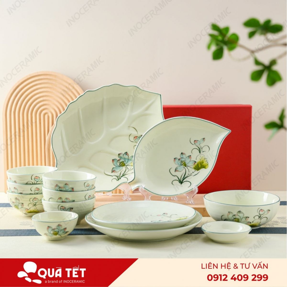 Bộ 13 món hoa Sen Xanh Điểm Hồng