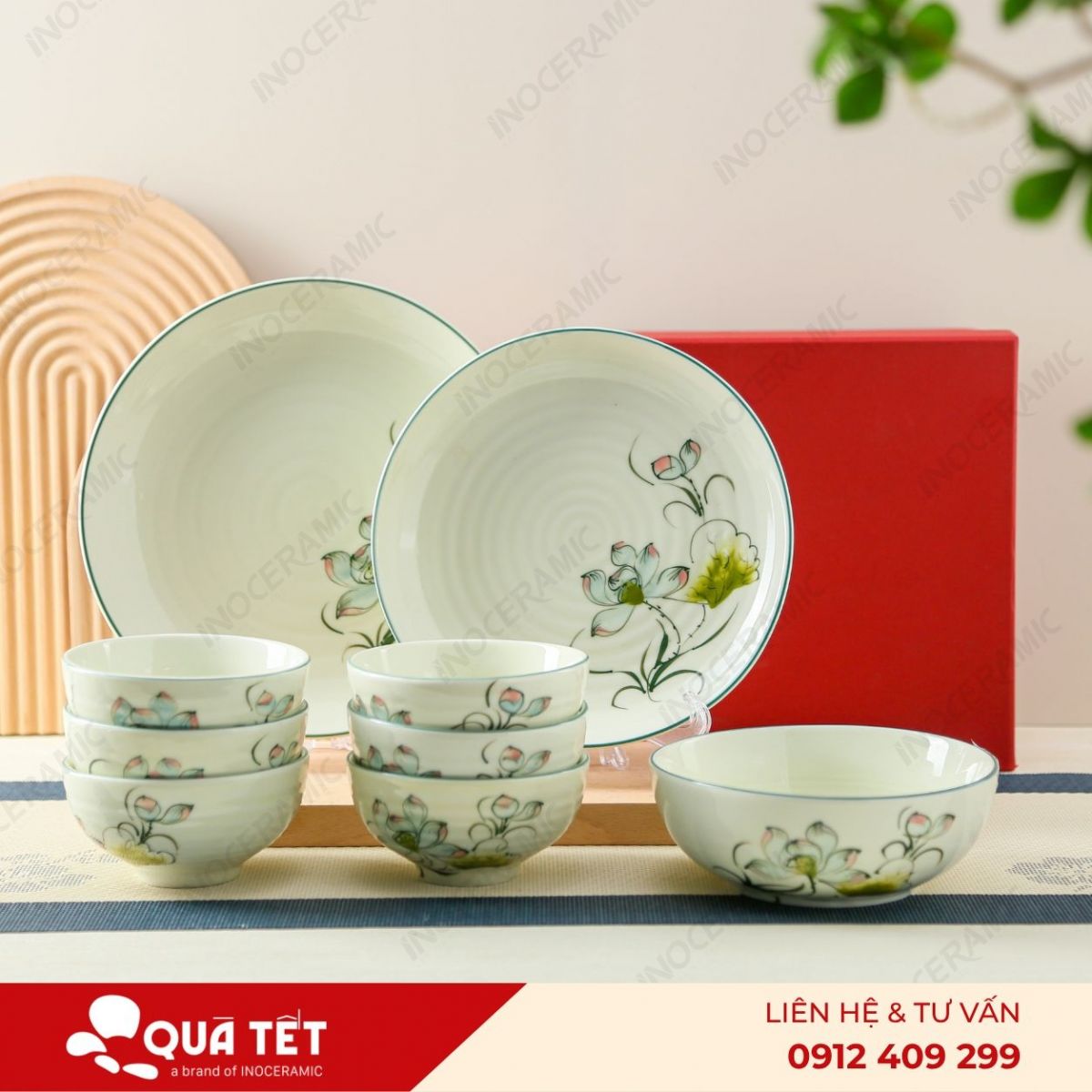 Bộ 9 món hoa Sen Xanh Điểm Hồng
