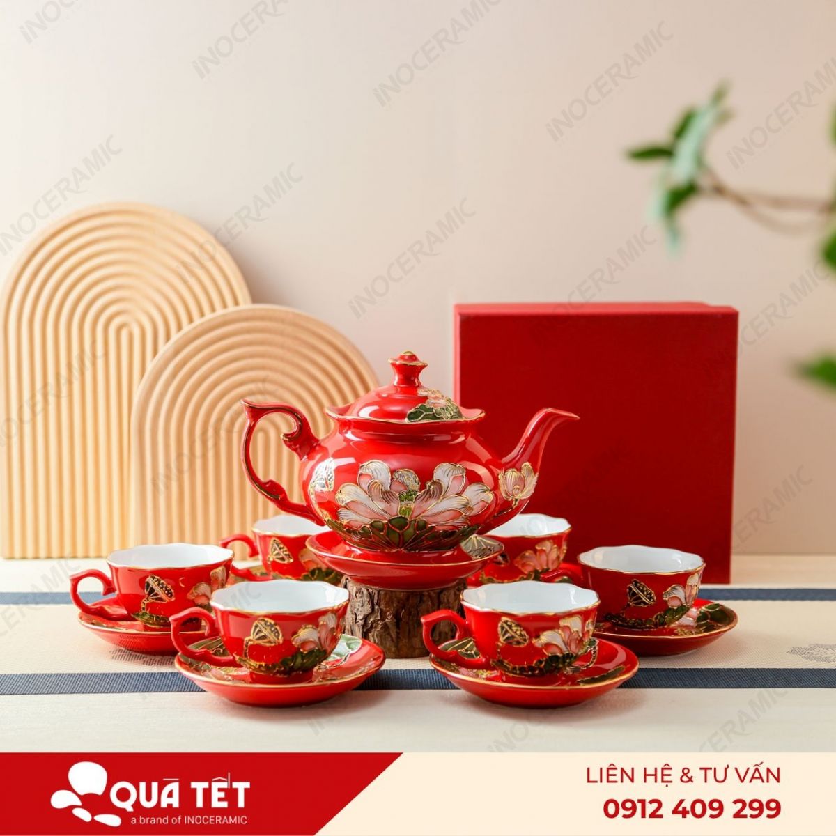 Bộ ấm trà Đài Các Hồng Liên Cát Tường
