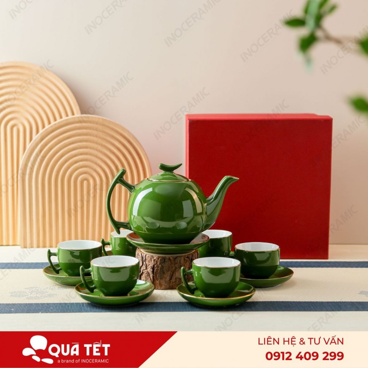 Bộ ấm trà dáng Bưởi Cành men lục