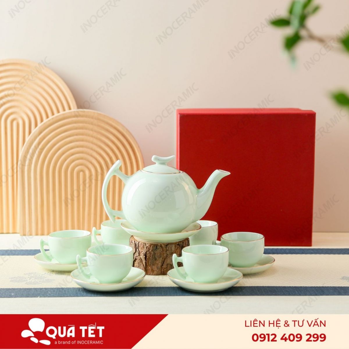 Bộ ấm trà dáng Bưởi Cành men ngọc