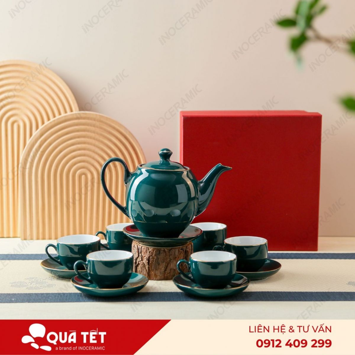 Bộ ấm trà dáng Minh Long men lam