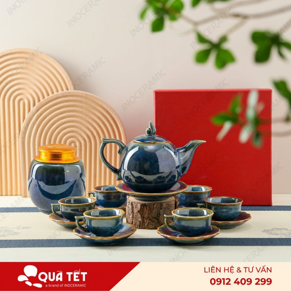 Bộ ấm trà Mẫu Đơn men lam hoả biến