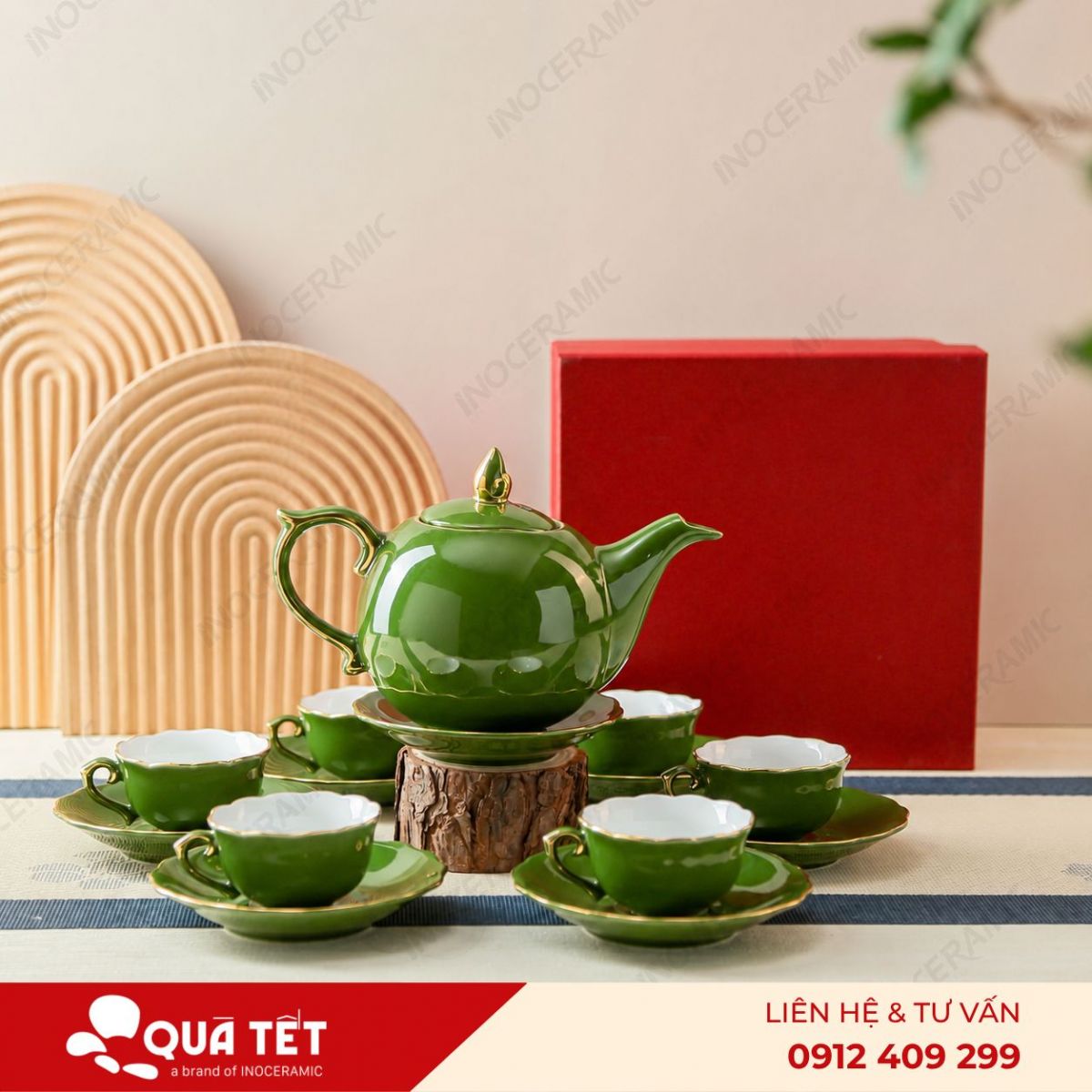 Bộ ấm trà Mẫu Đơn men lục