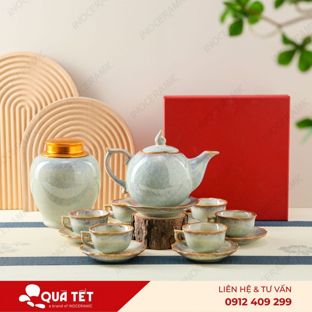 Bộ ấm trà Mẫu Đơn men ngọc hoả biến
