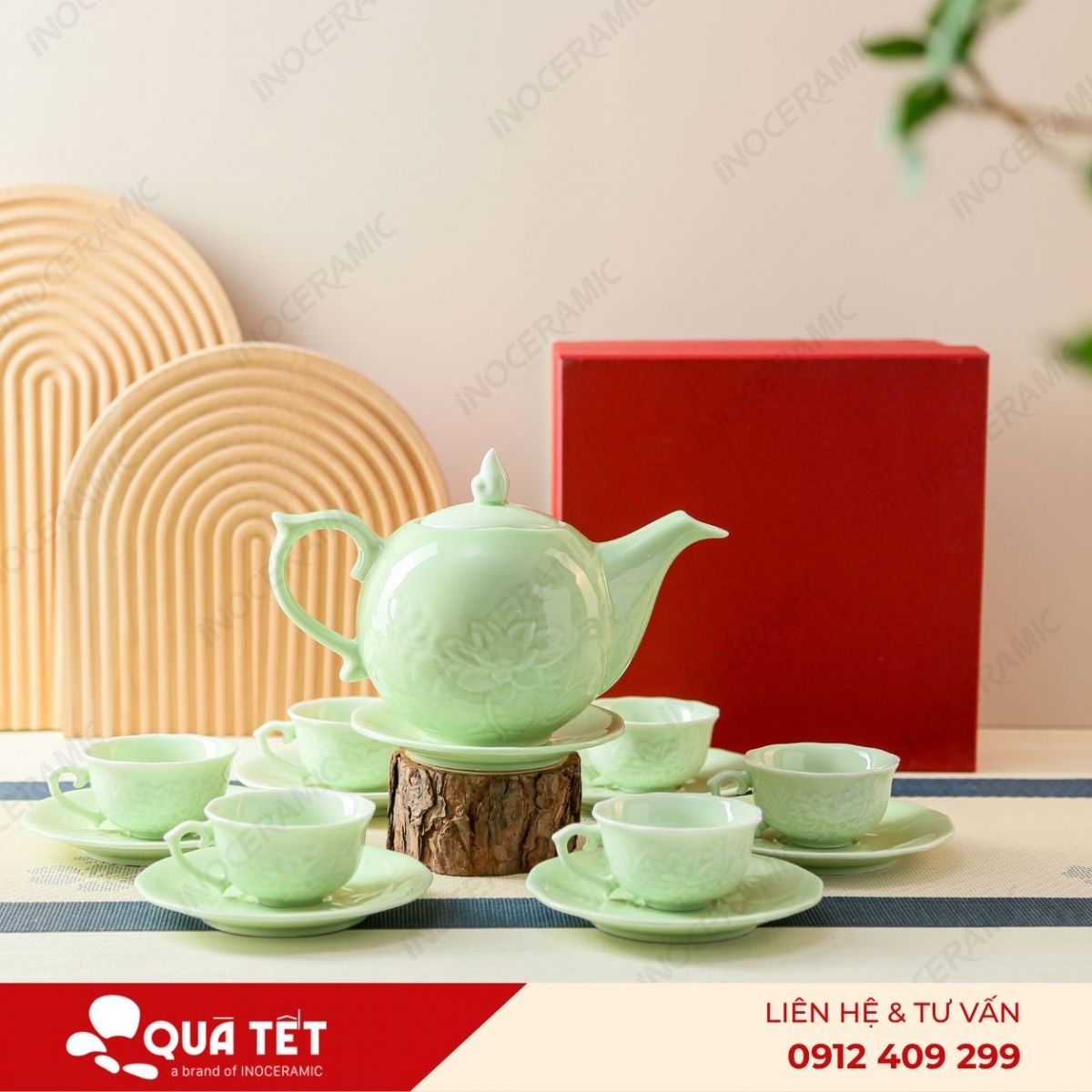 Bộ ấm trà Mẫu Đơn men ngọc khắc sen