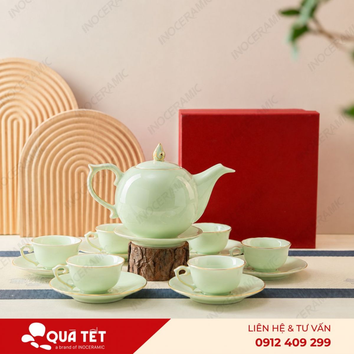 Bộ ấm trà Mẫu Đơn men ngọc