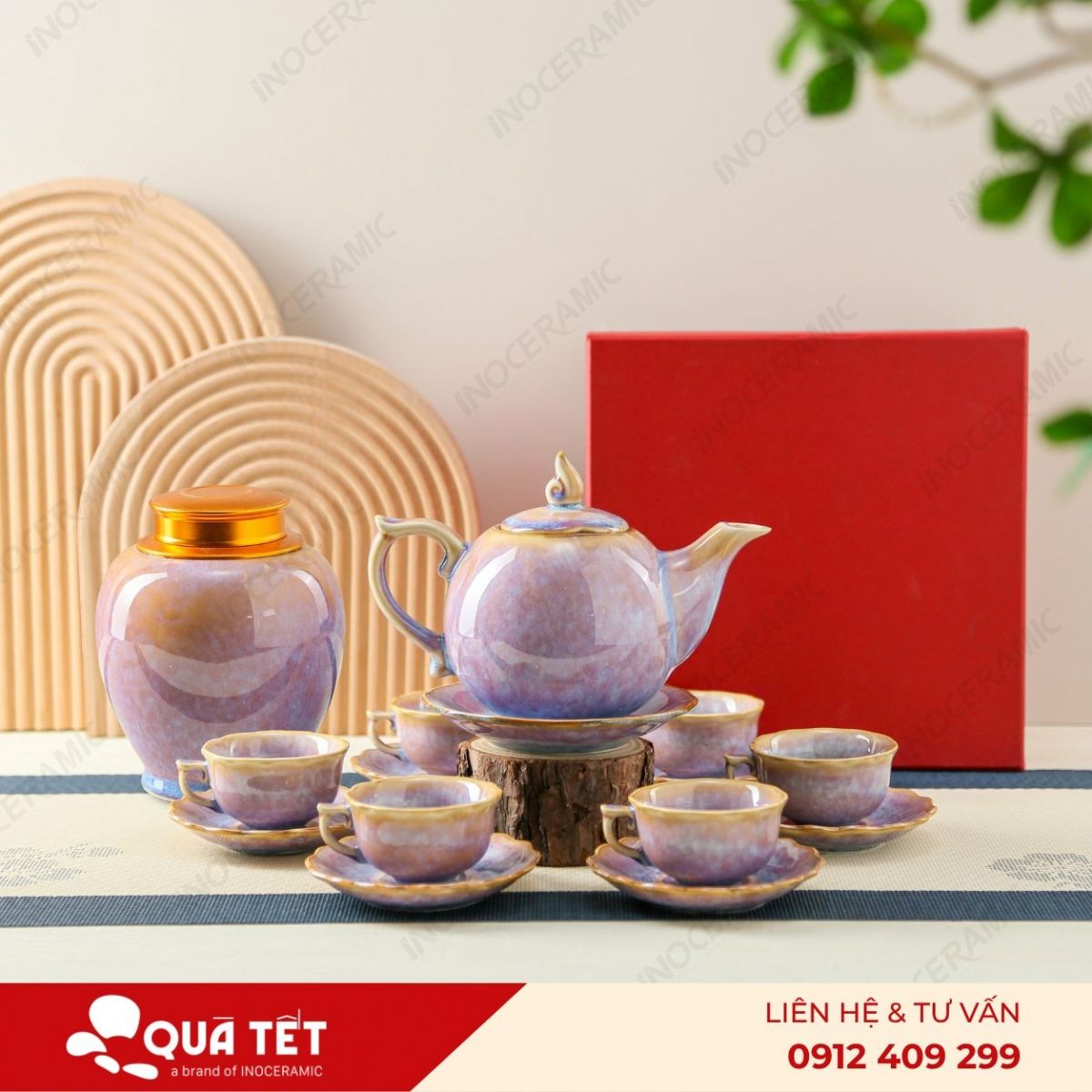 Bộ ấm trà Mẫu Đơn men tím hoả biến