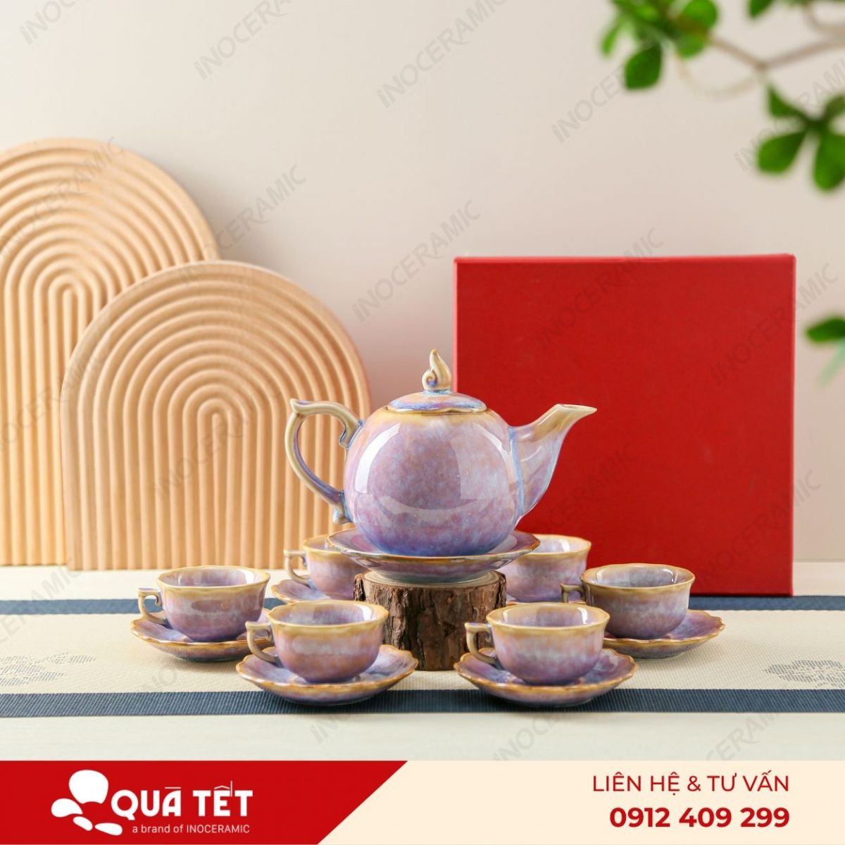 Bộ ấm trà Mẫu Đơn men tím hoả biến - anh chi tiet 2