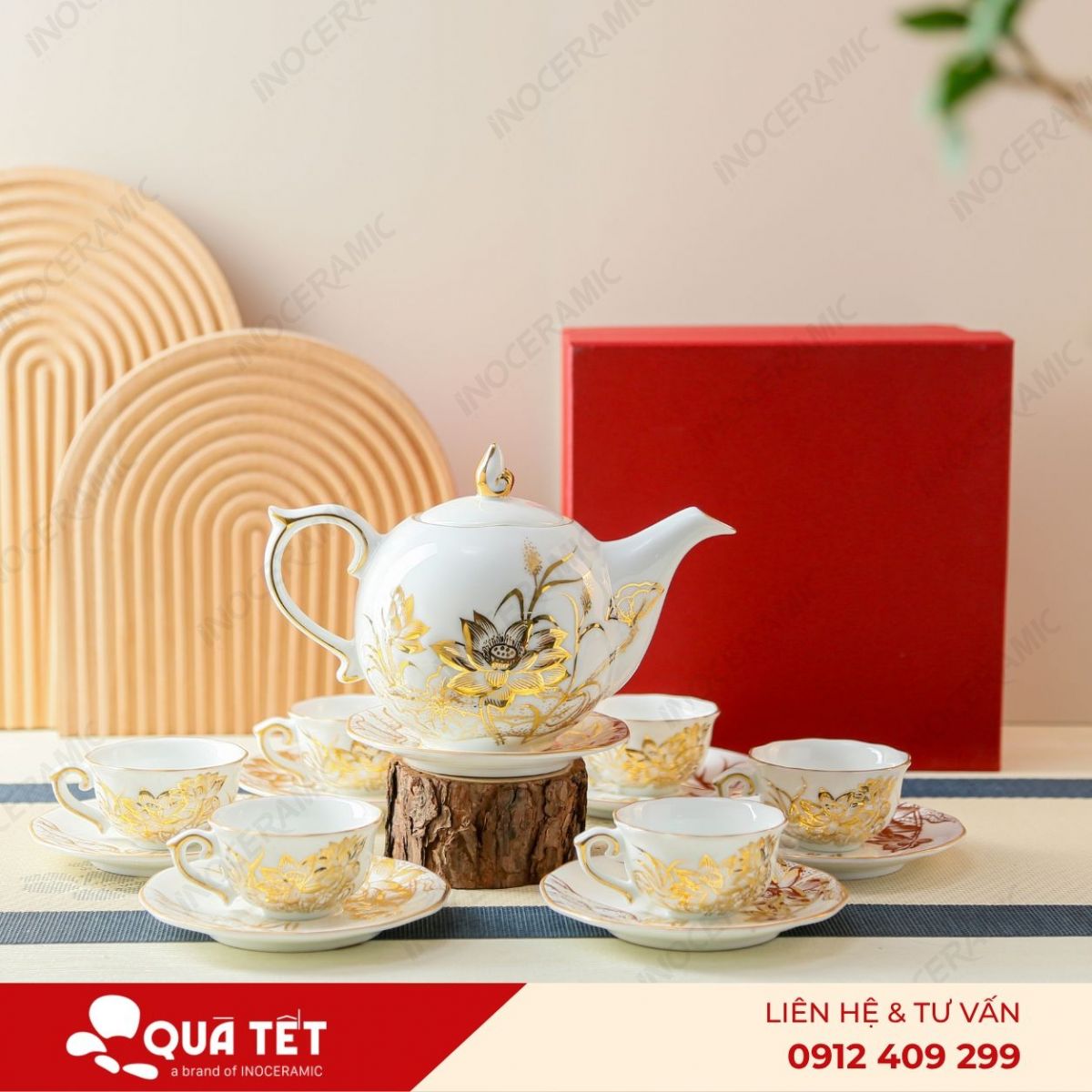 Bộ ấm trà Mẫu Đơn Sen Đắp Nổi Vẽ Tay