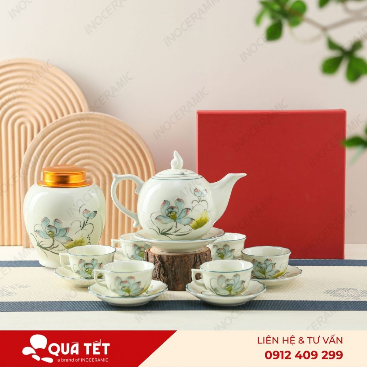 Bộ ấm trà Mẫu Đơn Sen Xanh Điểm Hồng