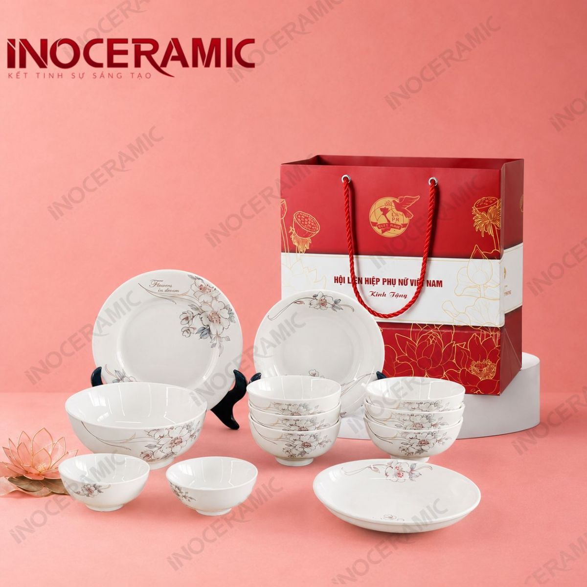 Bộ bát đĩa đồ ăn 12 món Hoa sơn trà in logo - Quà tặng phụ nữ