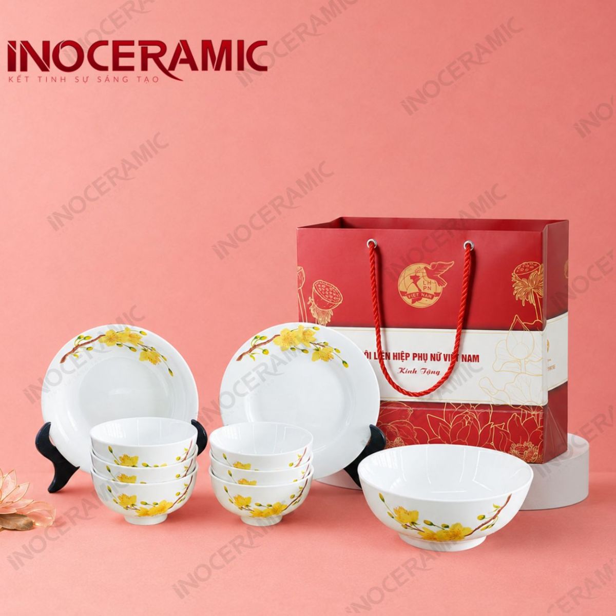 Bộ bát đĩa đồ ăn 9 món hoa mai in logo - Quà tặng phụ nữ