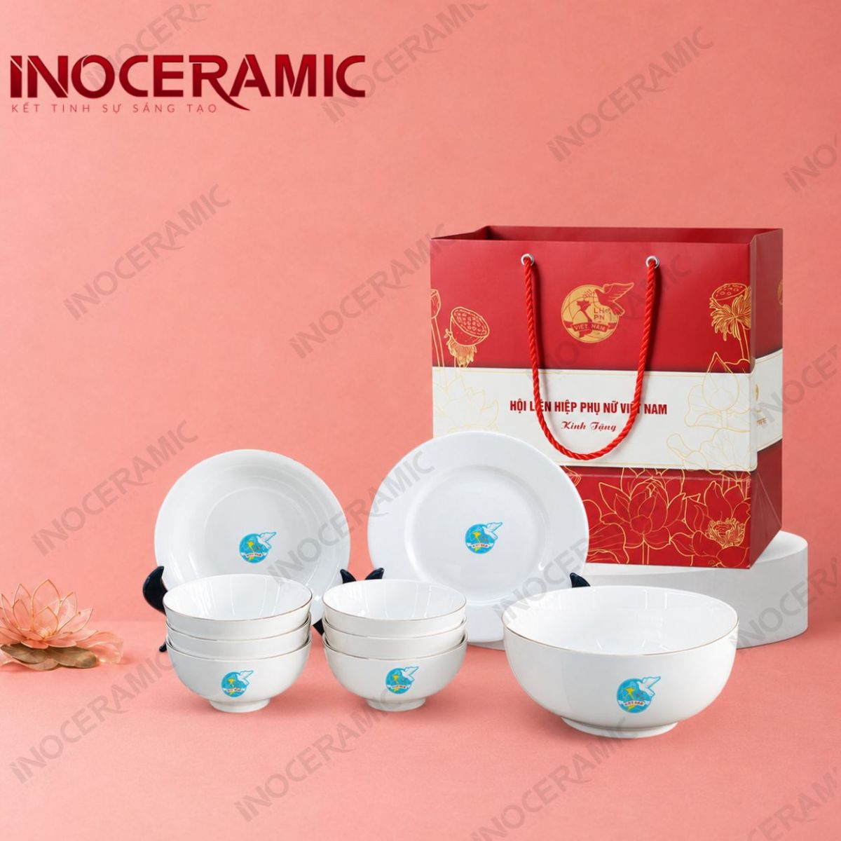 Bộ bát đĩa đồ ăn trắng 9 món kẻ chỉ vàng in logo - Quà tặng phụ nữ