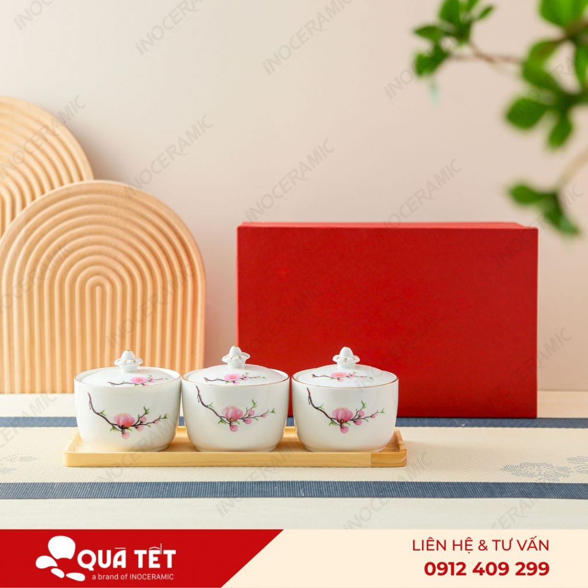 Bộ khay hũ mứt 3 món hoa Đào Hồng