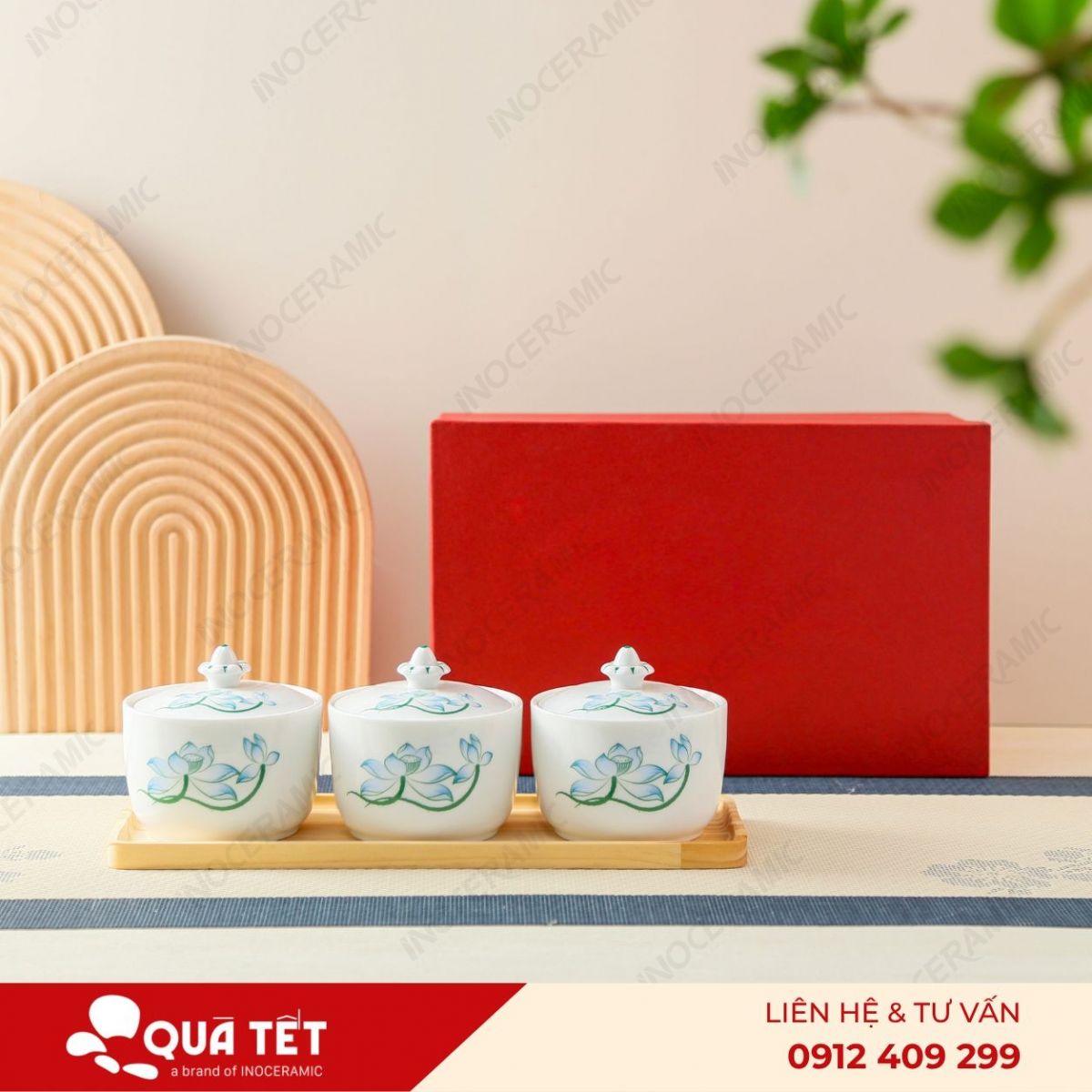 Bộ khay hũ mứt 3 món hoa Sen Xanh