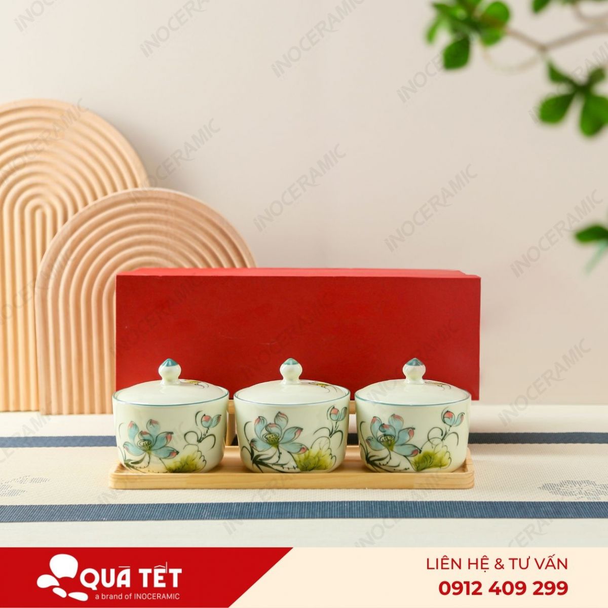 Bộ khay hũ mứt 3 món hoa Sen Xanh Điểm Hồng