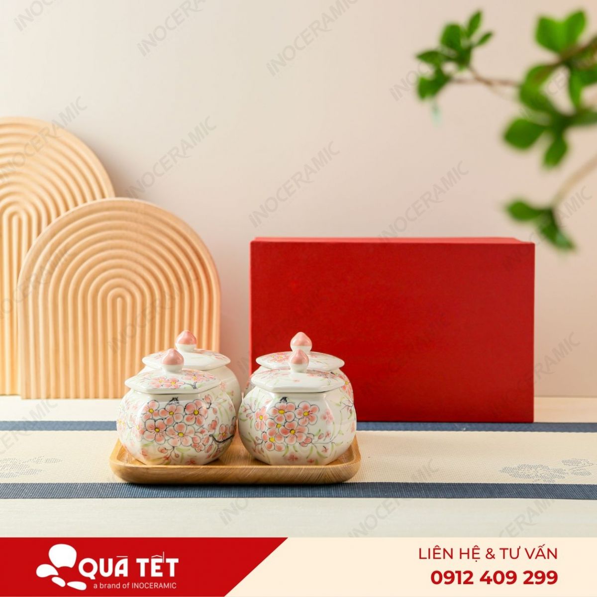 Bộ khay hũ mứt 4 món Indochine Đào Hồng