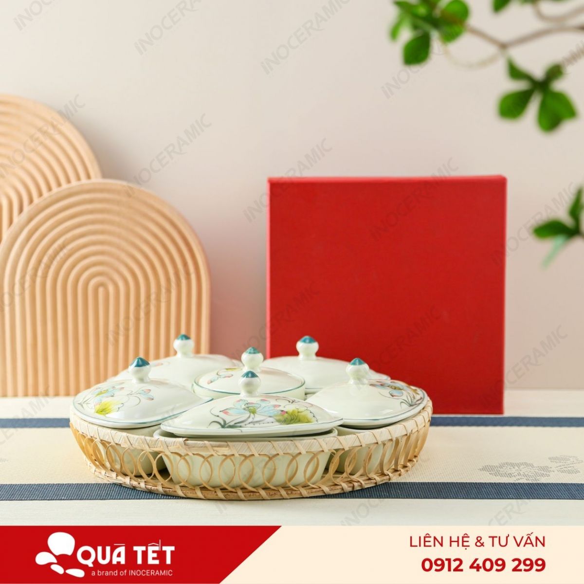 Bộ khay hũ mứt 6 món hoa Sen Xanh Điểm Hồng
