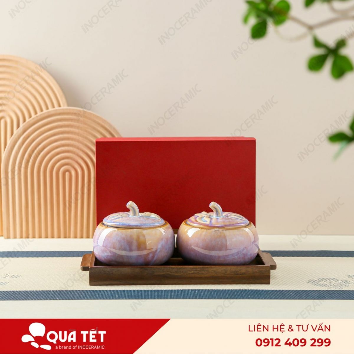 Bộ khay hũ mứt quả hồng 2 món men hồng hoả biến