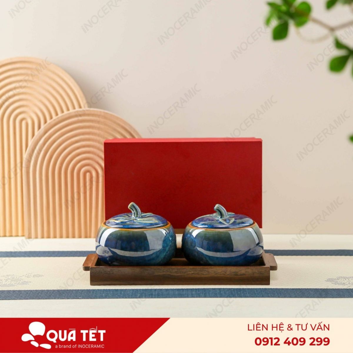 Bộ khay hũ mứt quả hồng 2 món men lam hoả biến