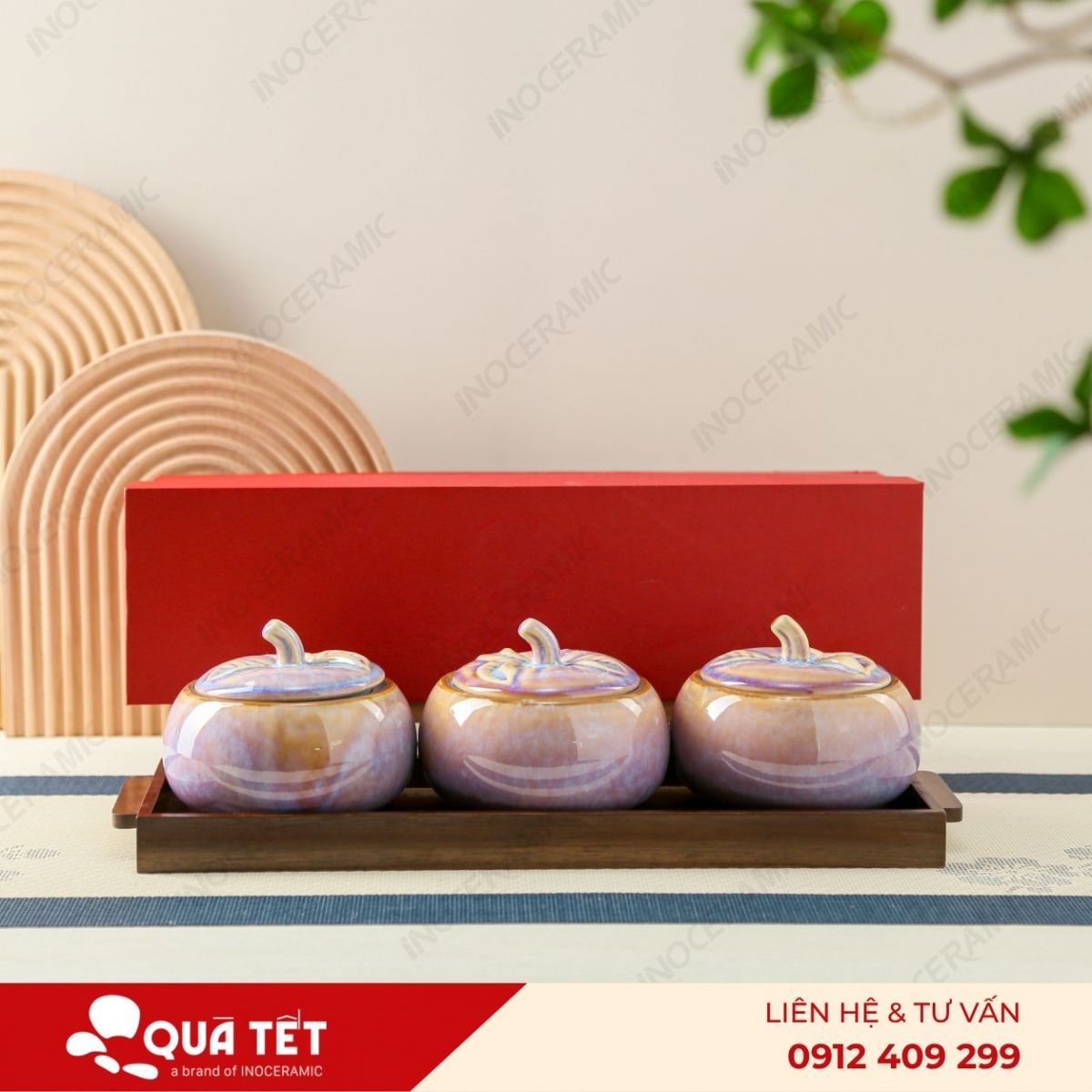 Bộ khay hũ mứt quả hồng 3 món men hồng hoả biến
