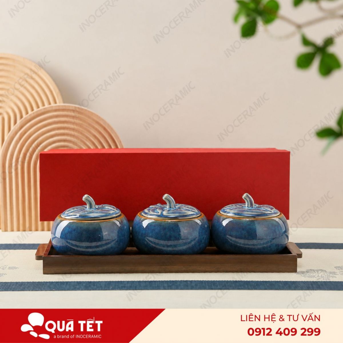 Bộ khay hũ mứt quả hồng 3 món men lam hoả biến