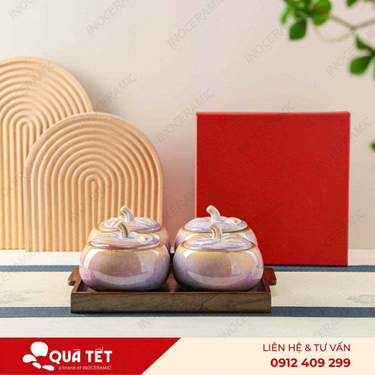 Bộ khay hũ mứt quả hồng 4 món men hồng hoả biến