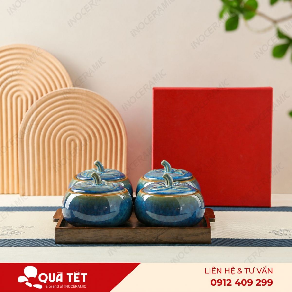 Bộ khay hũ mứt quả hồng 4 món men lam hoả biến