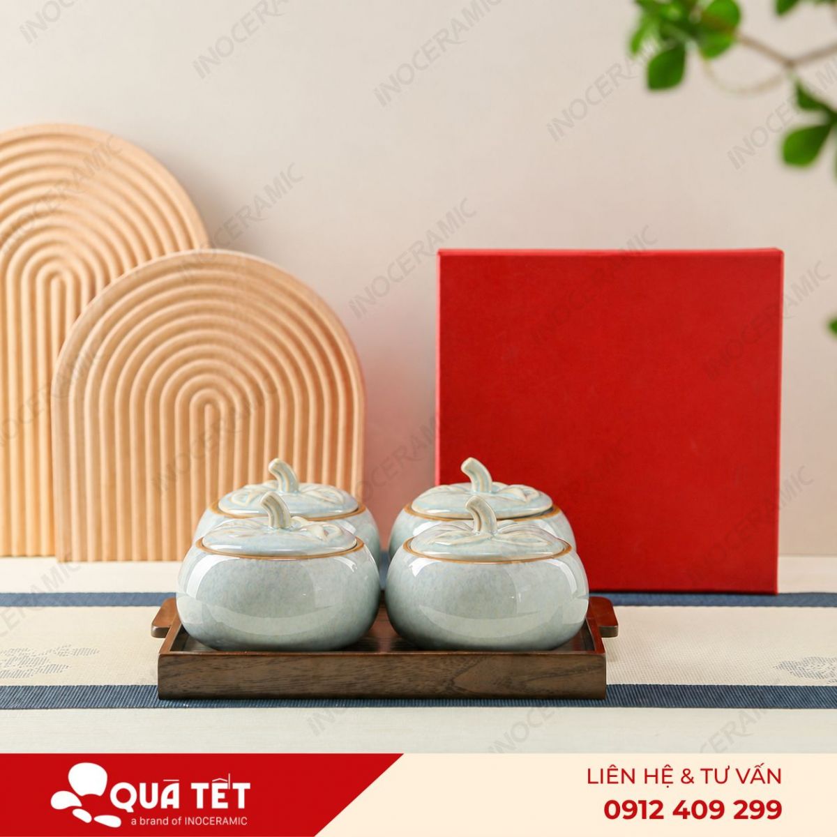 Bộ khay hũ mứt quả hồng 4 món men ngọc trai hoả biến