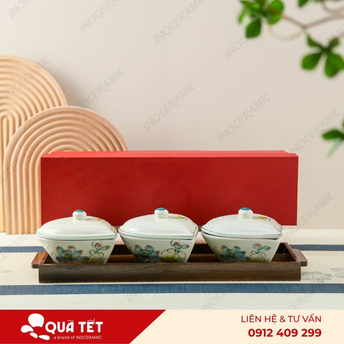 Bộ khay hũ mứt trái tim 3 món hoa Sen Xanh Điểm Hồng