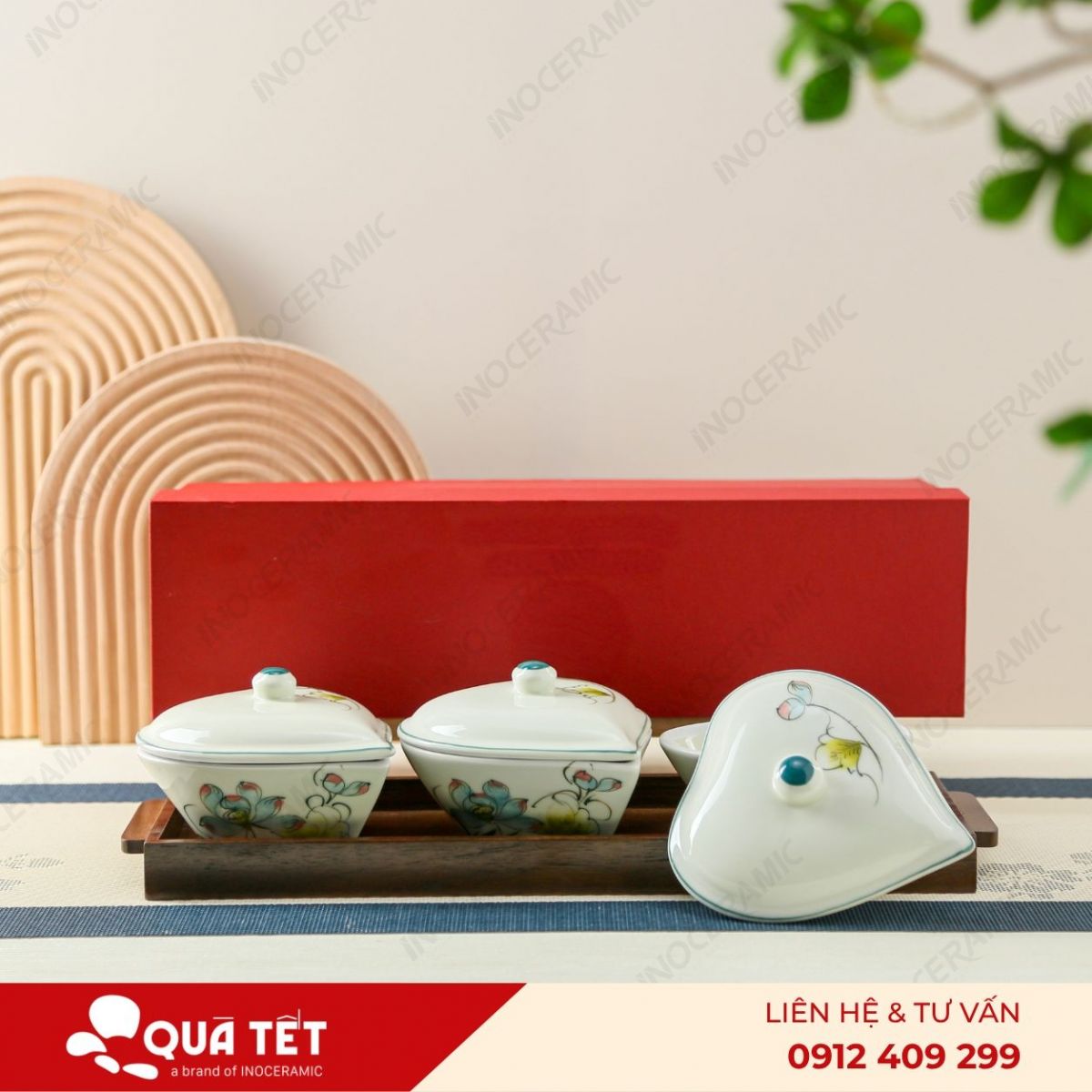 Bộ khay hũ mứt trái tim 3 món hoa Sen Xanh Điểm Hồng - anh chi tiet 2
